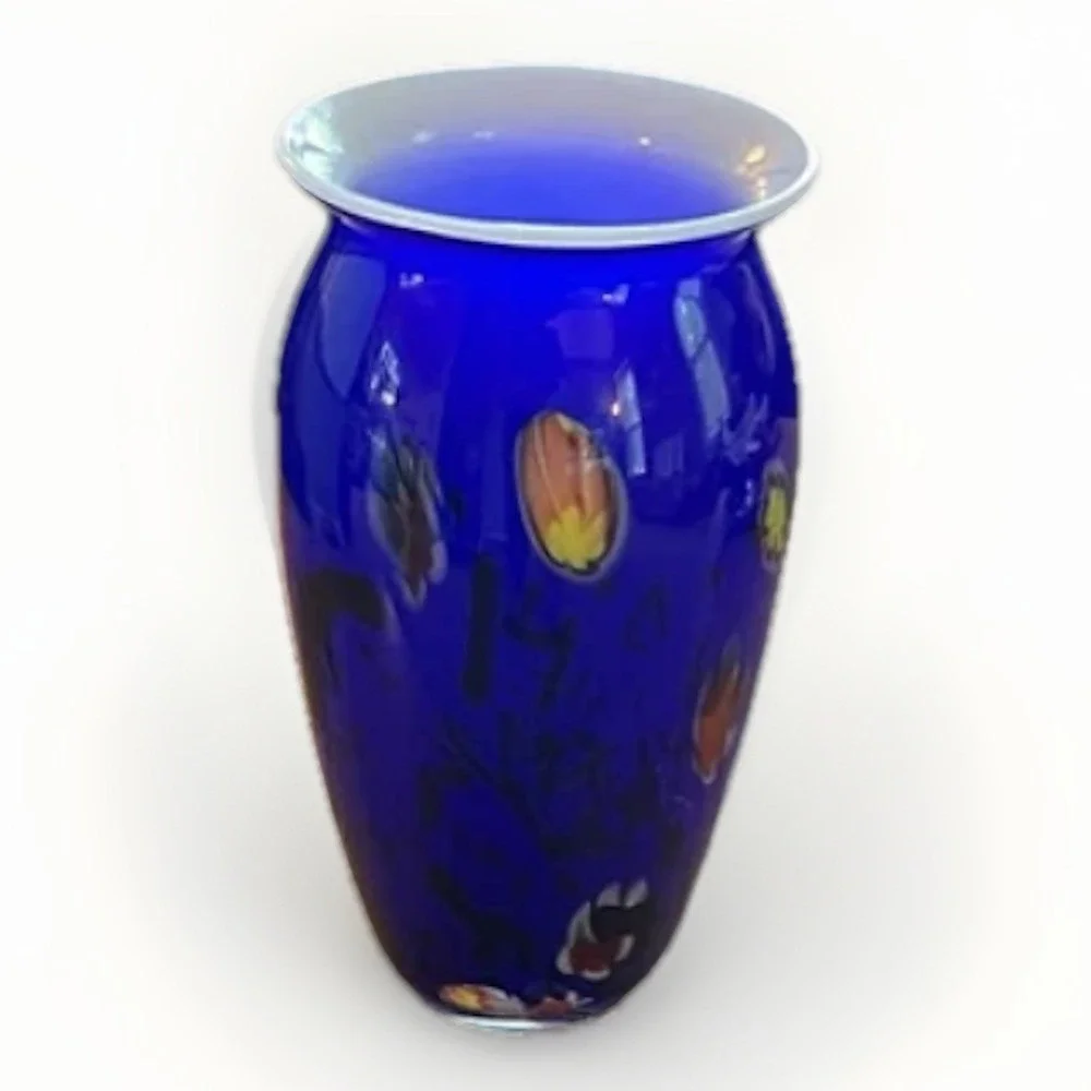 Cobalt‎ Blue Art Glass Vase Floral Millefiori Murano Style White Rim 11